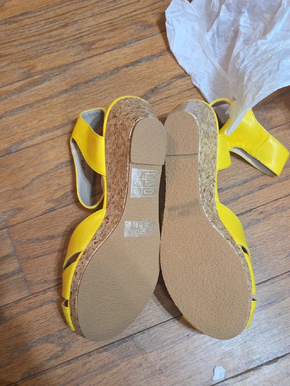 Monroe & Main Bright Yellow Cork Wedge Sandals with Ankle Buckle